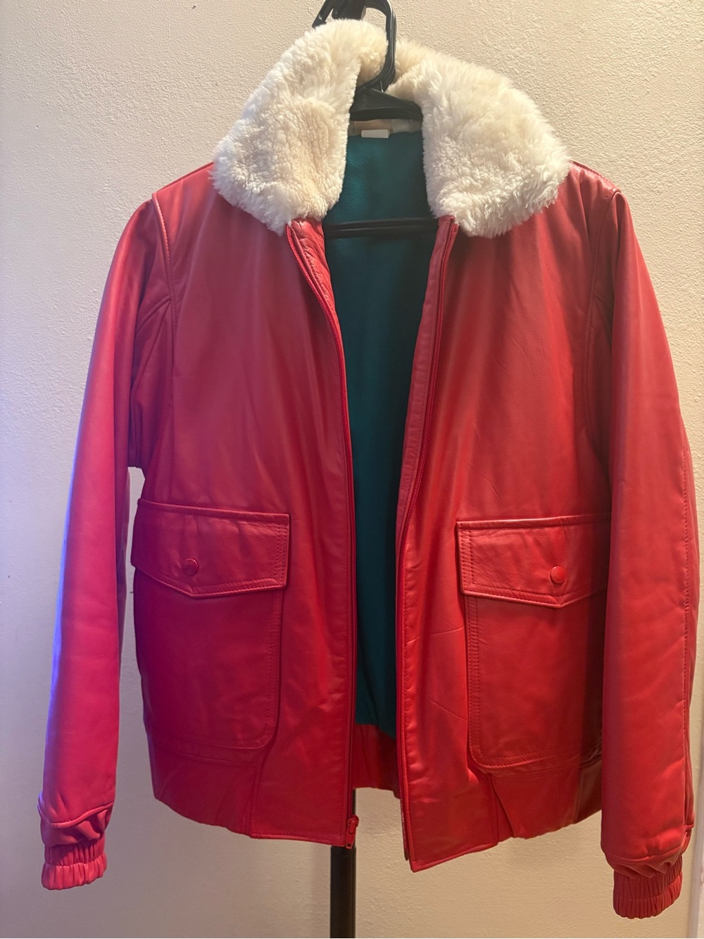 Men's Red Leather Jacket with Faux Fur Collar
